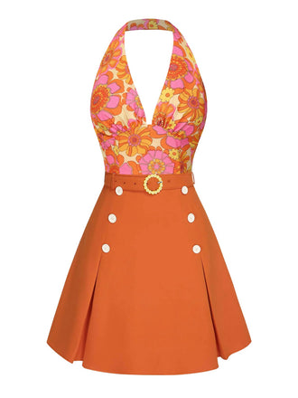 2PCS haut dos nu fleuri et jupe plissée orange des années 1960