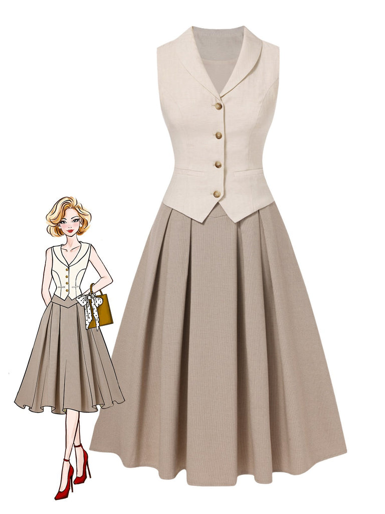 [Prévente] 2PCS Gilet col châle couleur crème et jupe plissée années 1950