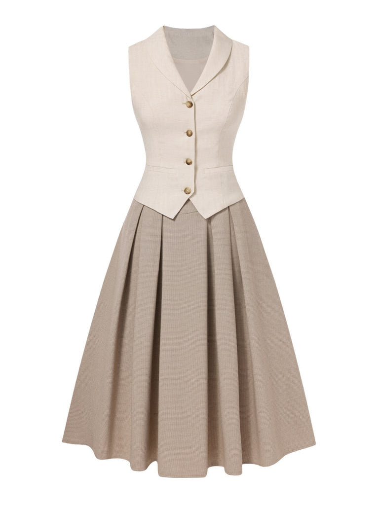 [Prévente] 2PCS Gilet col châle couleur crème et jupe plissée années 1950