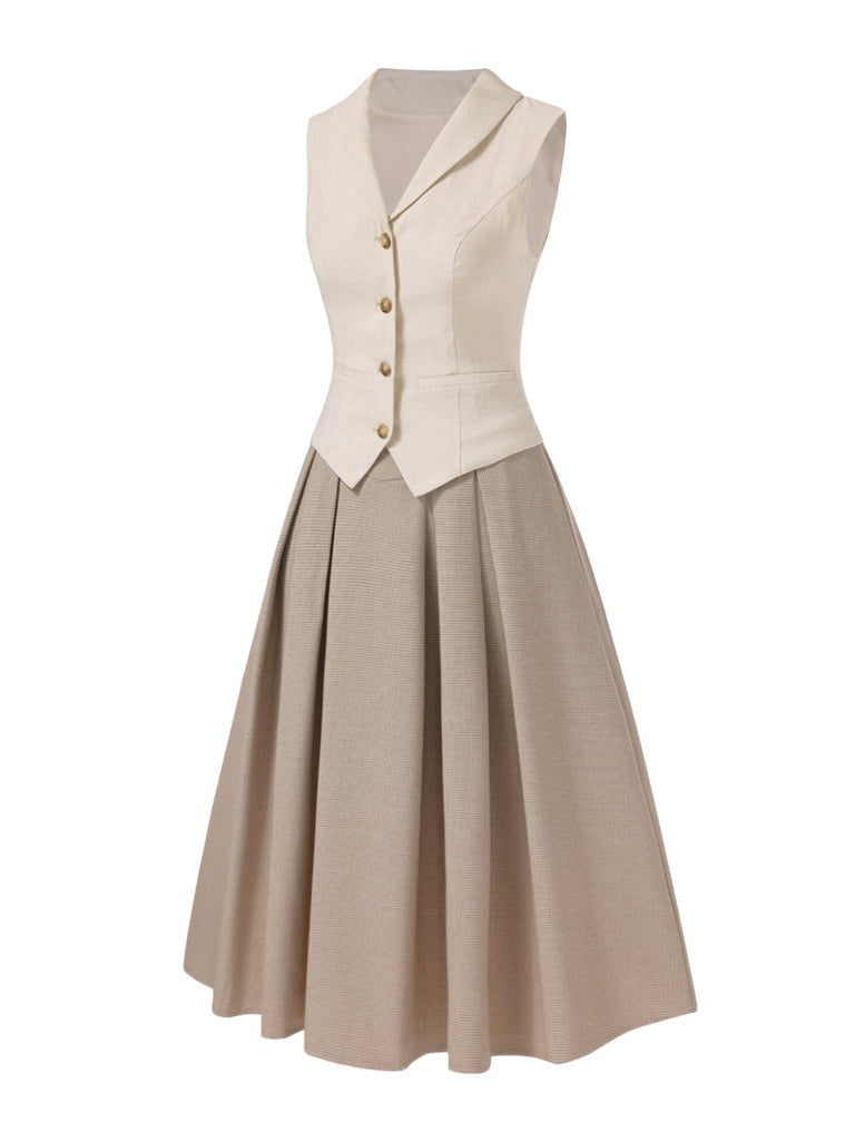 [Prévente] 2PCS Gilet col châle couleur crème et jupe plissée années 1950