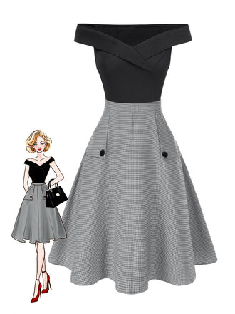 2PCS Haut à épaules dénudées et jupe à carreaux années 1950