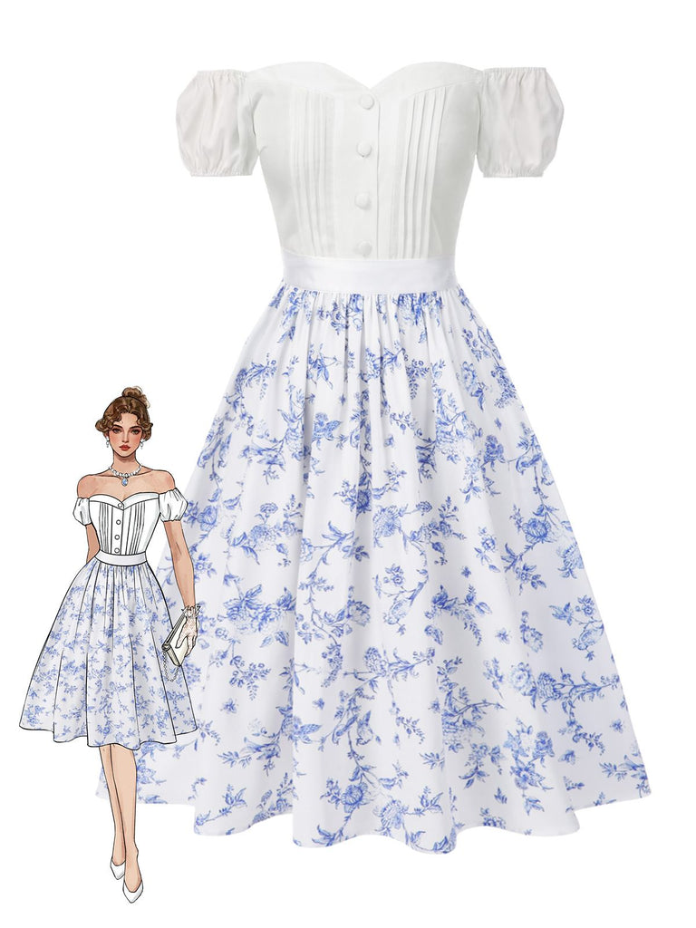 [Prévente] 2PCS hauts bouffants blancs épaules dénudées et jupe fleurie bleue années 1950