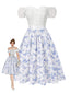 [Prévente] 2PCS hauts bouffants blancs épaules dénudées et jupe fleurie bleue années 1950