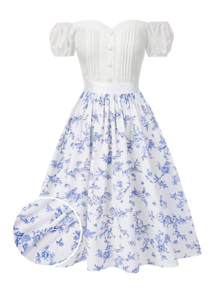 [Prévente] 2PCS hauts bouffants blancs épaules dénudées et jupe fleurie bleue années 1950