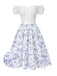 [Prévente] 2PCS hauts bouffants blancs épaules dénudées et jupe fleurie bleue années 1950