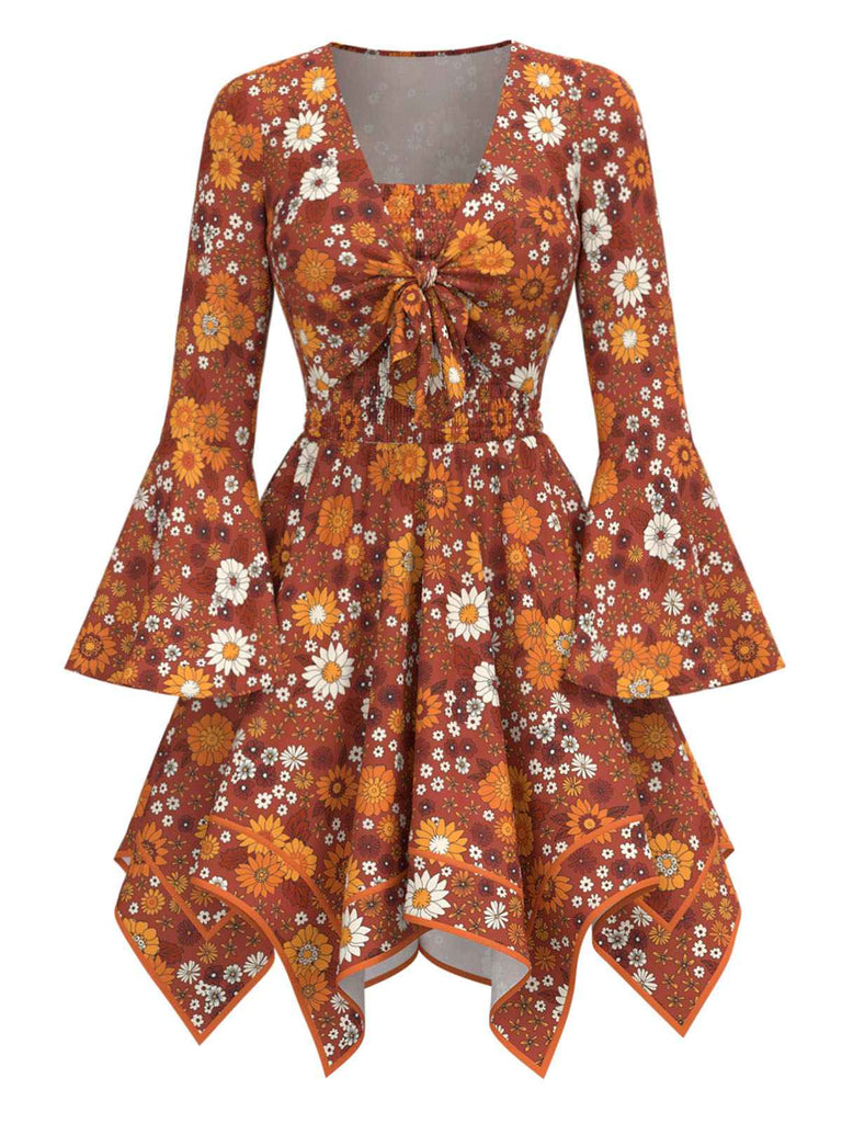 [Prévente] 2PCS hauts manches cloche et robe à bretelles marguerite hippie orange des années 1970