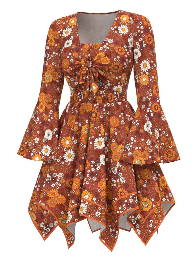 [Prévente] 2PCS hauts manches cloche et robe à bretelles marguerite hippie orange des années 1970
