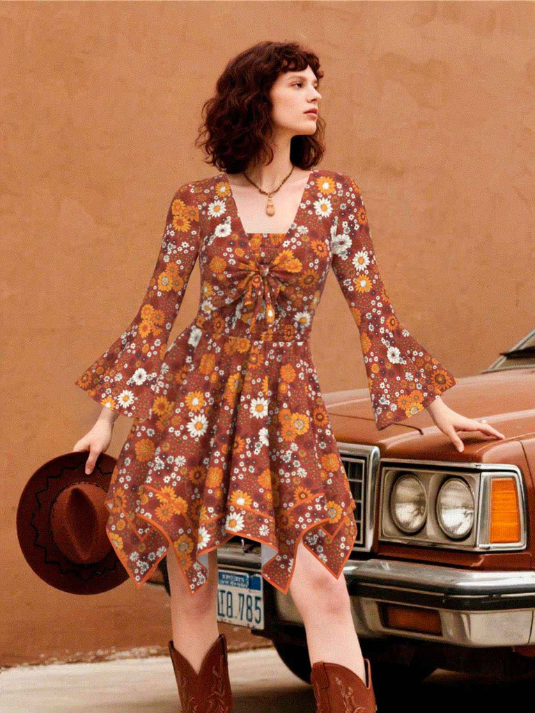 [Prévente] 2PCS hauts manches cloche et robe à bretelles marguerite hippie orange des années 1970