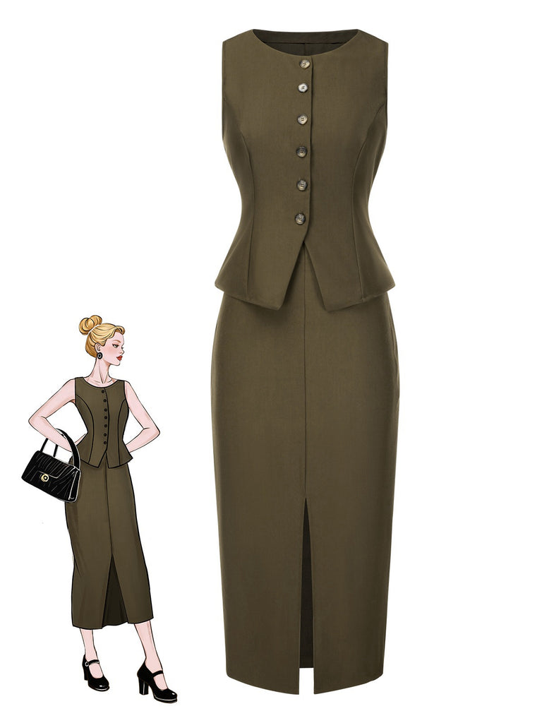 [Prévente] 2PCS Gilet vert olive et jupe crayon années 1960