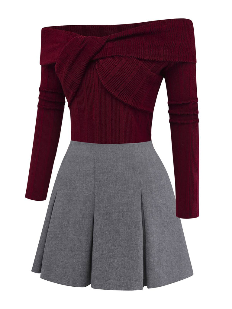 [Prévente] 2PCS hauts torsadés en maille et jupe plissée rouge et gris des années 60