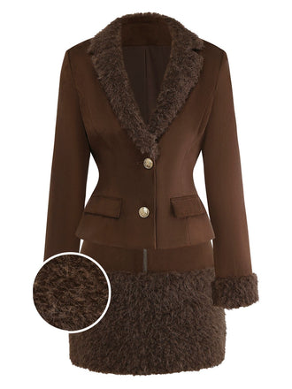[Prévente] 2PCS veste et jupe en fausse fourrure suédée marron foncé des années 60