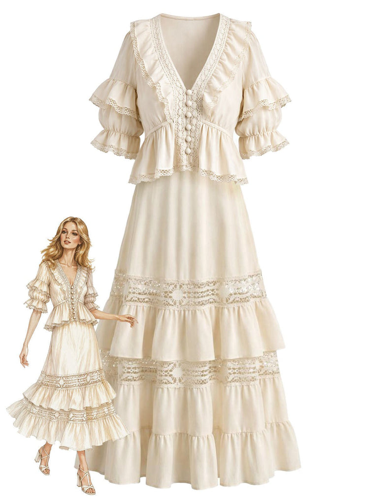[Prévente] Ensemble 2PCS bohème beige avec blouse et jupe en dentelle à volants Années 1970