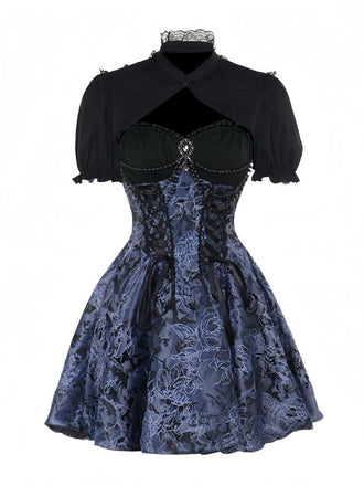 2PCS Châle et robe à lacets brodée de fleurs gothique noire et bleue des années 1980