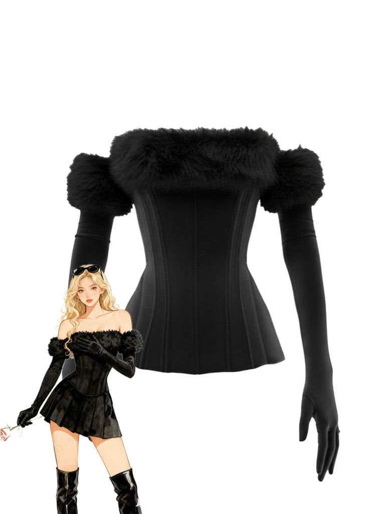 2PCS Haut moulant sans bretelles en peluche gants longs années 1980