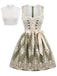 Ensemble vert clair avec robe à col carré, tablier en dentelle florale et top blanc Années 1950
