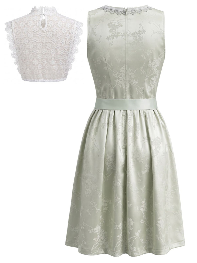 Ensemble 2PCS bleu avec robe florale en dentelle à col carré et laçage, tablier et top Années 1950
