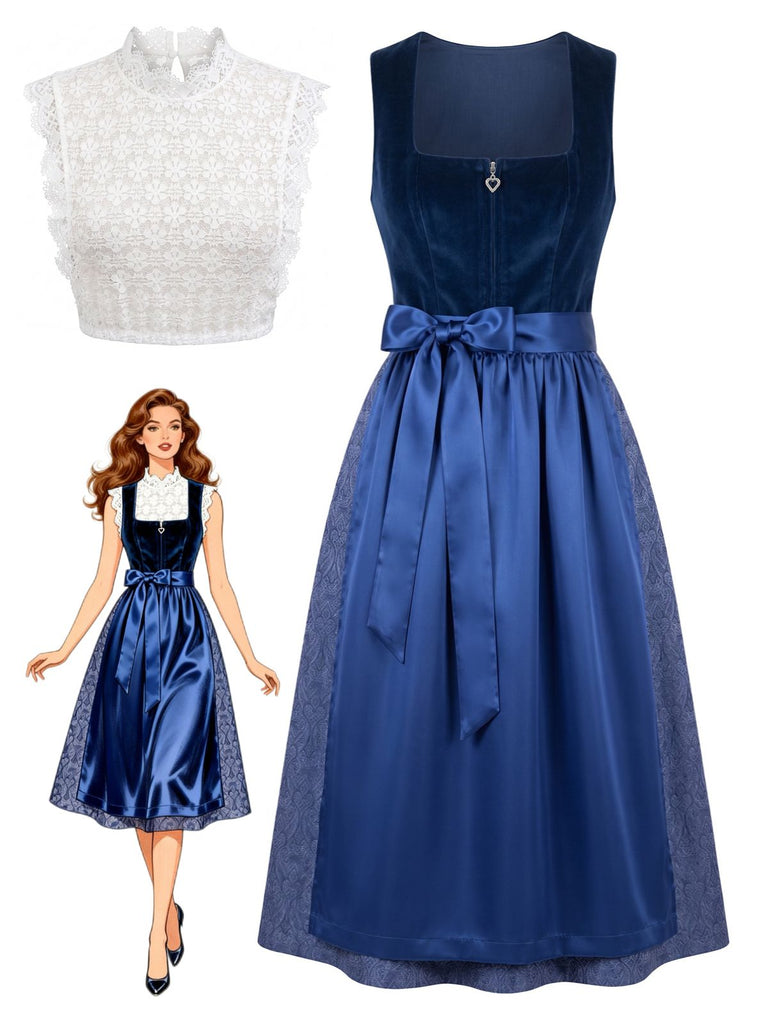 Robe en velours à imprimé cachemire avec tablier et haut en dentelle années 1950