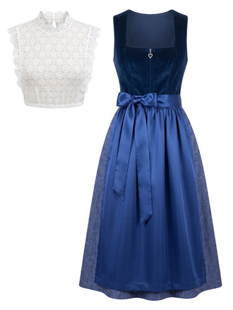 Robe en velours à imprimé cachemire avec tablier et haut en dentelle années 1950