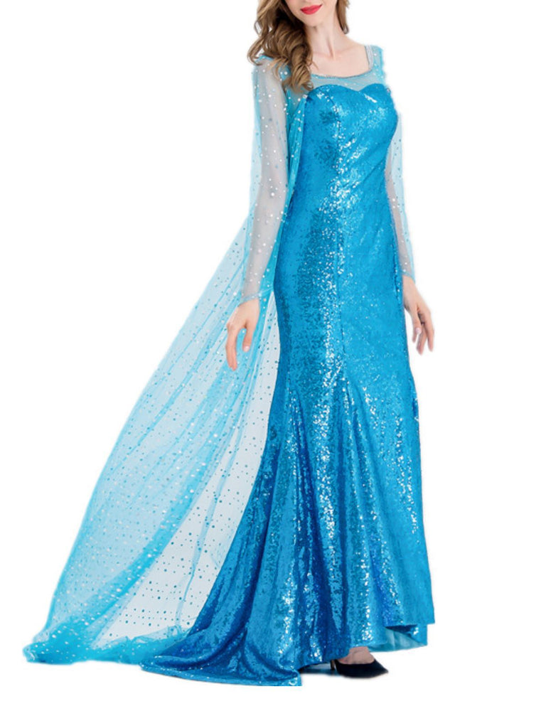 Cape et robe Elsa bleue à paillettes unis années 1970