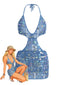 Cache-maillot plage bleu sequins décolleté V profond et dos nu années 1980