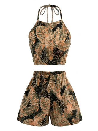 Ensemble 2 Pièces Crop Top Dos-Nu Palmiers Tropicaux & Short Taille Haute Années 1980