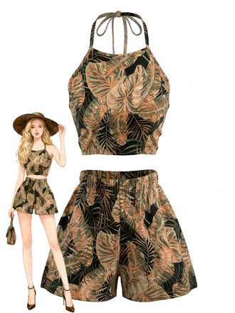 Ensemble 2 Pièces Crop Top Dos-Nu Palmiers Tropicaux & Short Taille Haute Années 1980