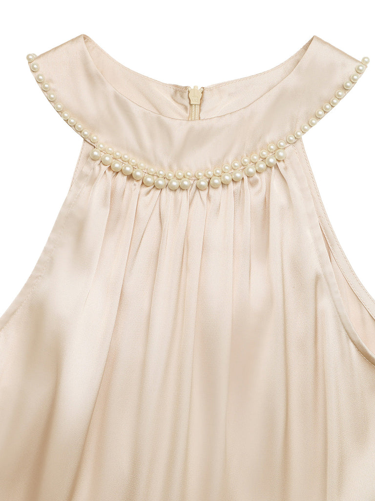 Robe Satin Perle Halter Sans Manches Champagne Années 1930 6