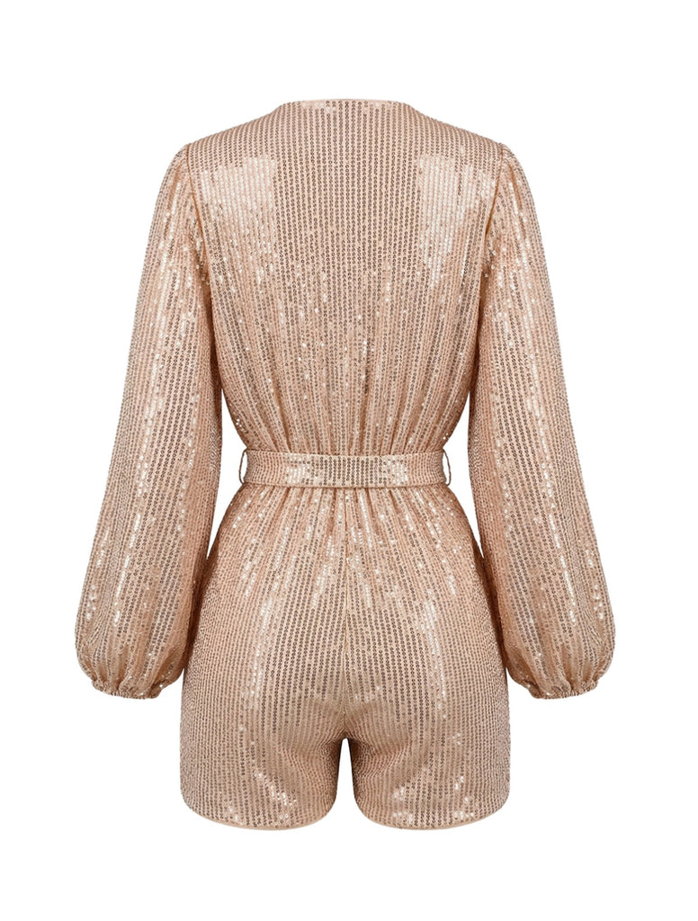 Paillettes Manches Longues Noué Waist Combishort Champagne Années 1980 3
