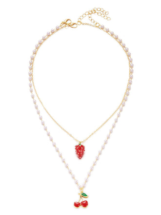 Necklace with cherry and strawberry pendants on a white background