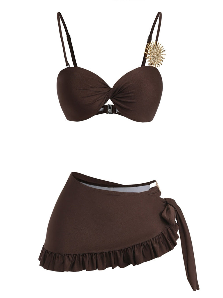 Satin Métallique Soleil à Volants Noué Ensemble Bikini Café Années 1980