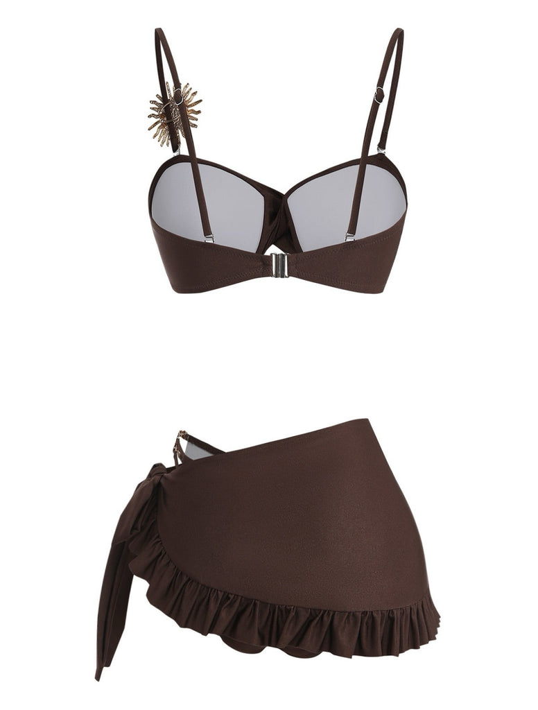 Satin Métallique Soleil à Volants Noué Ensemble Bikini Café Années 1980 2