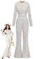 Combinaison blanche en dentelle manches longues jambes évasées 1970s