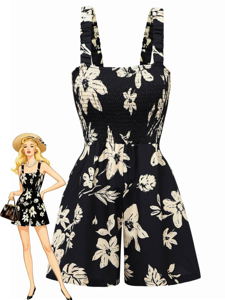 Combinaison noire à fleurs avec une poupée portant une tenue similaire sur fond blanc