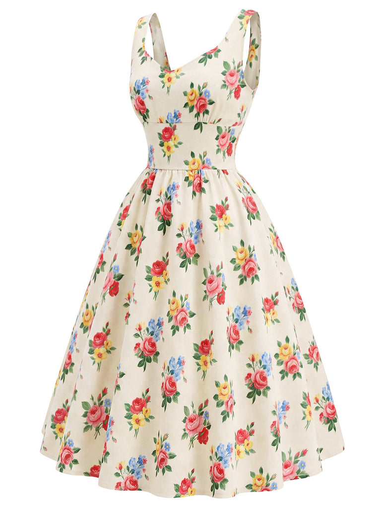 [Prévente] Robe Crème Imprimé Floral Col Carré Années 1940