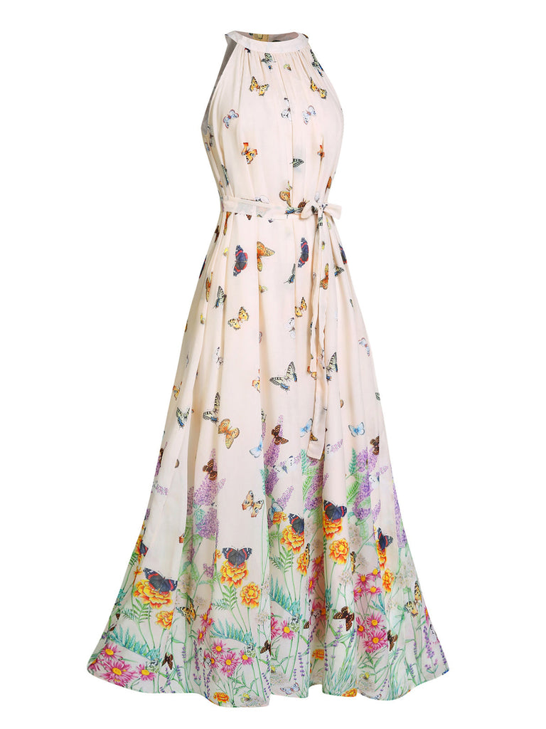 Robe maxi vintage à licou et papillon à fleurs