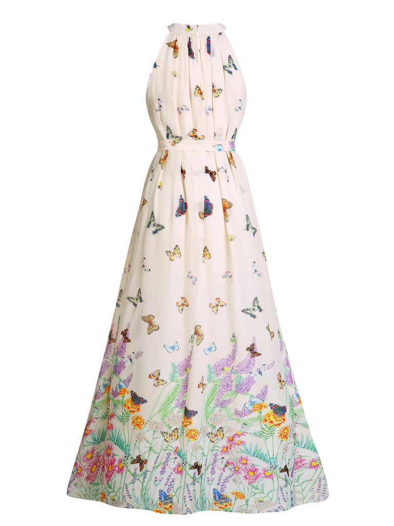 Robe maxi vintage à licou et papillon à fleurs