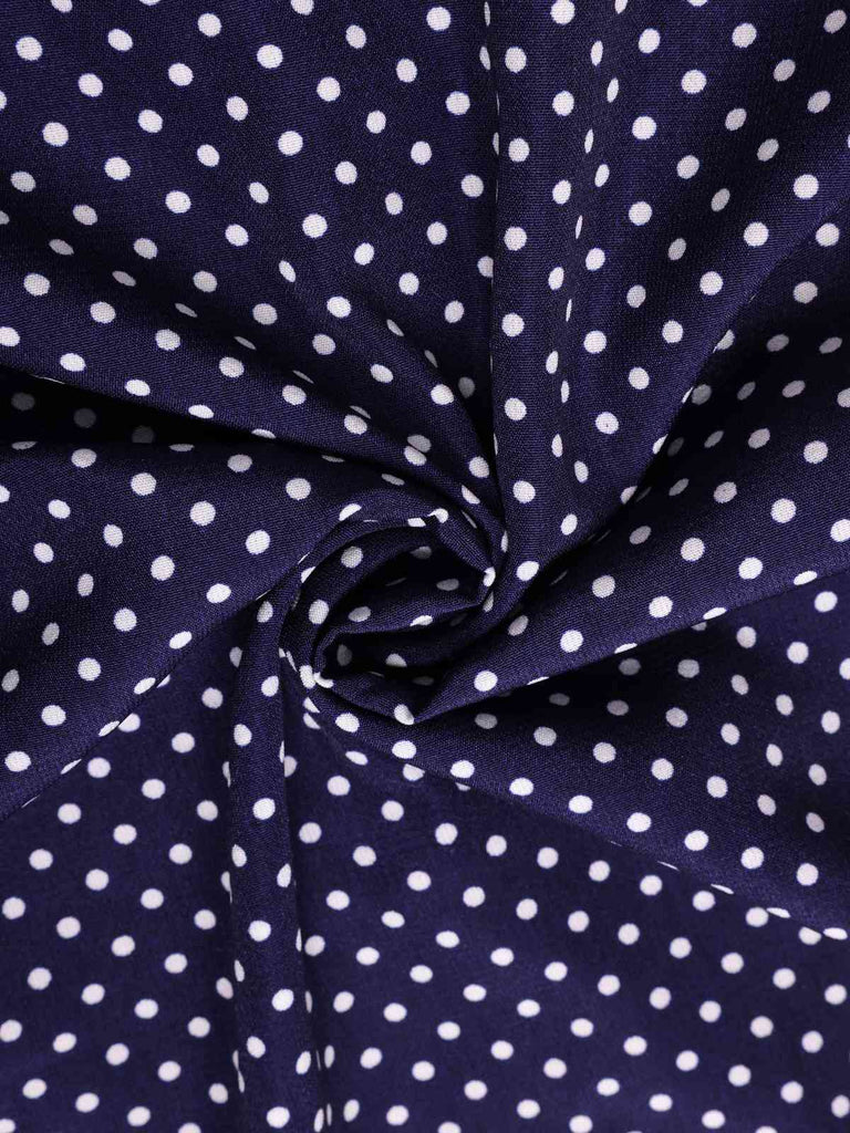 Navy blue fabric with white polka dots