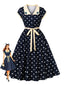 Robe Swing Contraste À Pois Bleu Marine Années 1950