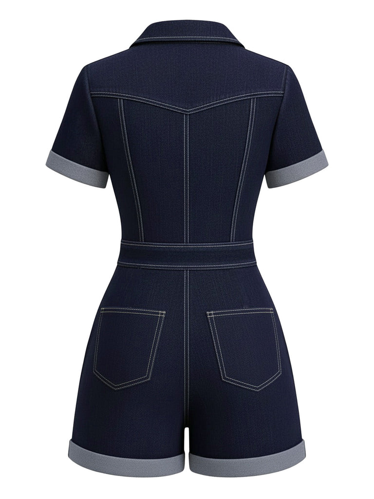 Navy blue romper with gray trim on a white background