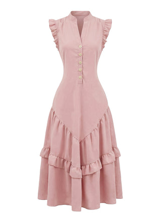 Rose Foncé Robe Évasée Sans Manches en Coton Lin années '50