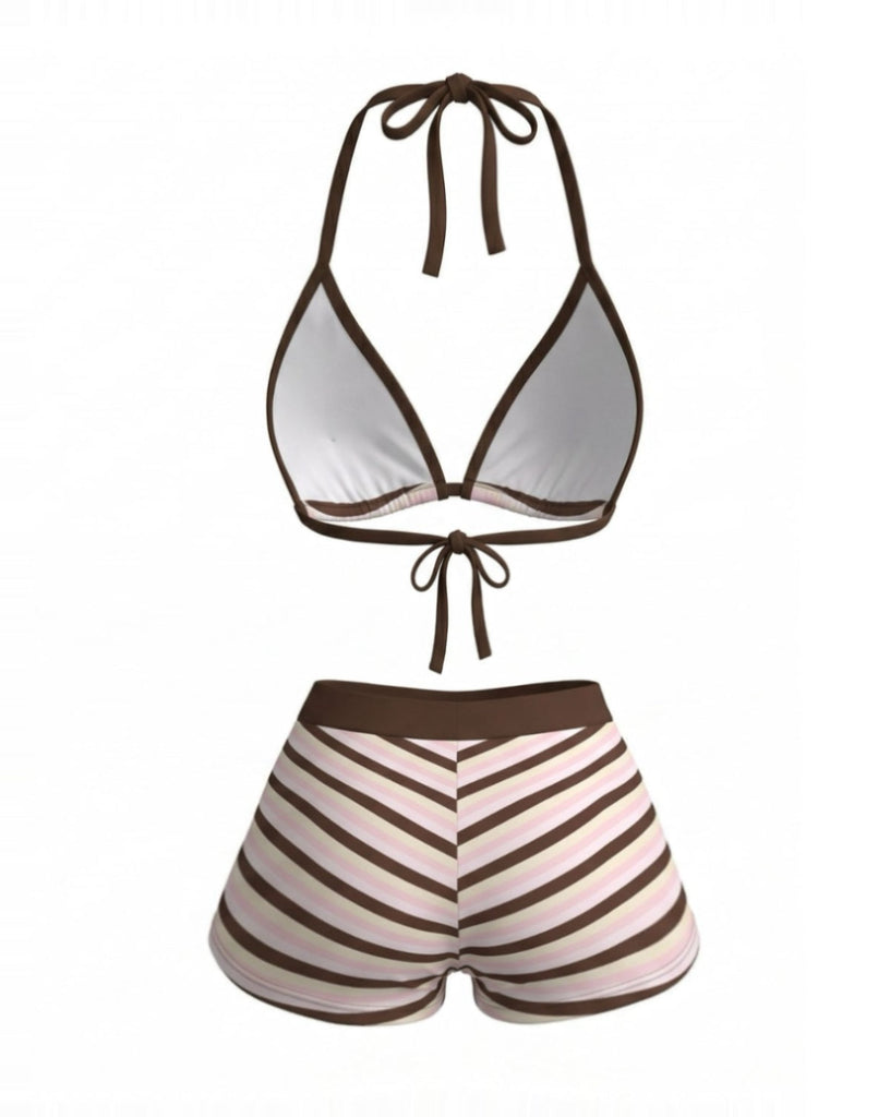 Ensemble Bikini à Lacets Rayé Rose Foncé Années 1980