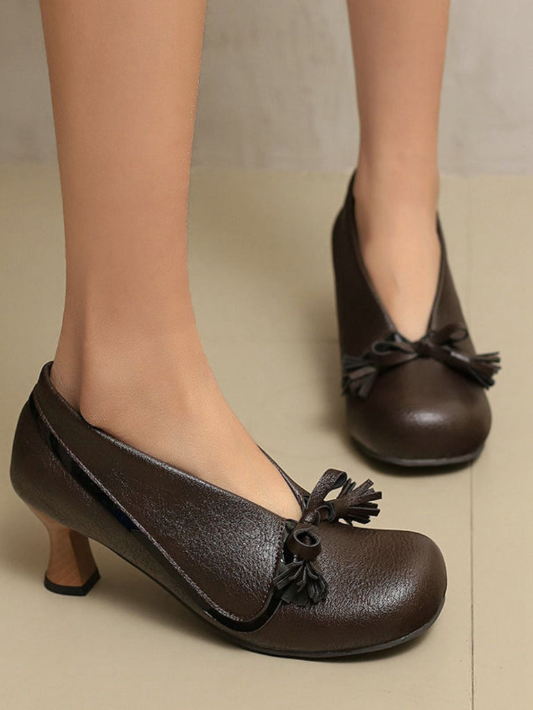 Chaussures rétro à nœud en PU, bout rond et talon compensé