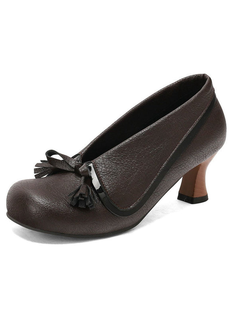 Chaussures rétro à nœud en PU, bout rond et talon compensé