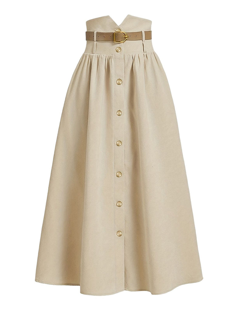 Beige dress with gold buttons and belt on a white background