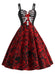Robe Halloween rouge foncé à fines bretelles, squelettes et roses années 1950 - 1