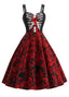 Robe Halloween rouge foncé à fines bretelles squelettes et roses années 1950