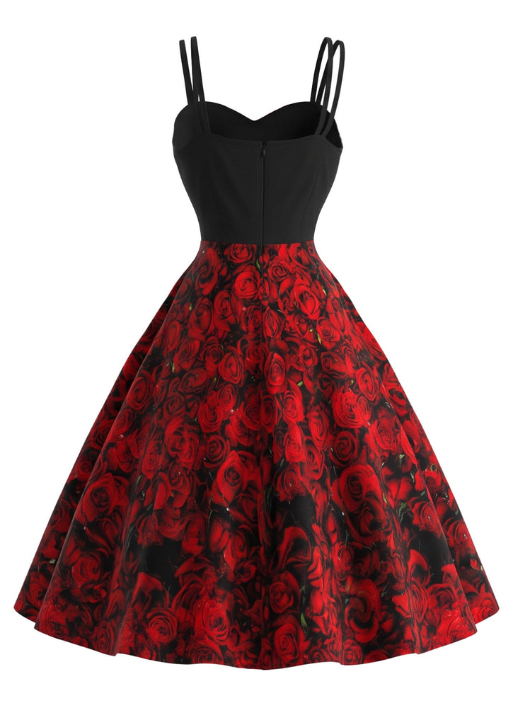 Robe Halloween rouge foncé à fines bretelles, squelettes et roses années 1950 - 2