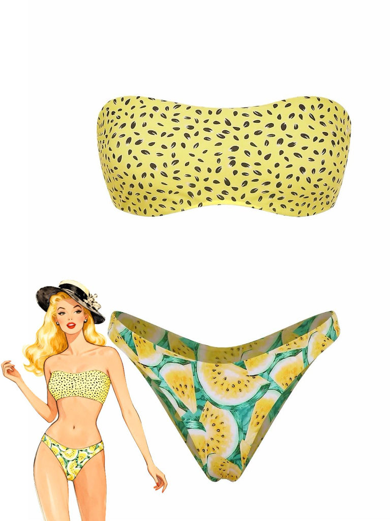 Devant : Ensemble bikini bandeau jaune à imprimé kiwi des années 1970, une beauté intemporelle, parfait pour les passionnées de mode vintage.