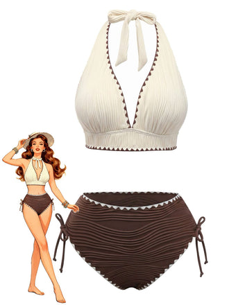 Ensemble bikini côtelé beige et marron dos nu et taille haute années 50