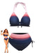 Vue de face en studio du bikini rose et marine à effet ombré, accompagnée d'une illustration de mode rétro.